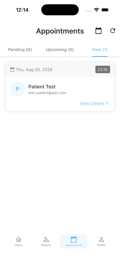 Appointments list with pending, upcoming, and past tabs
